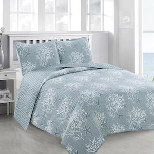 Blue Reversible Coastal Themed Twin Microfiber 2-Piece Quilt Set Bedspread