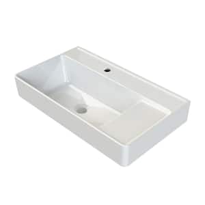 Sharp Modern White Ceramic Rectangular Wall Mounted Sink with Single Faucet Hole