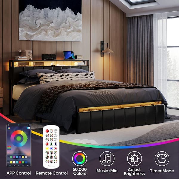 Brown Metal Frame Queen Size Platform Bed with Charge Station and Storage Headboard and Drawers Rustic