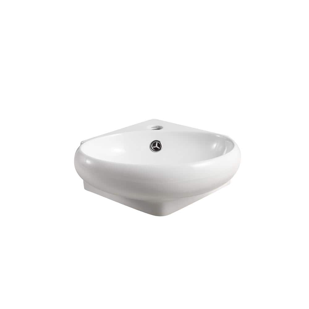 Compact White Ceramic Wall-Mount Corner Sink with Overflow