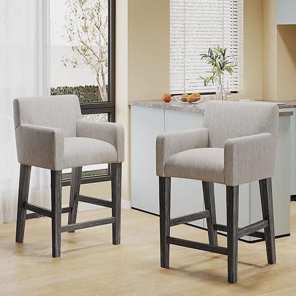 26 in. H Light Gray/Gray Solid Rubber Wood Frame Counter Bar Stool with Upholstered Armrests and Seat Set of 2