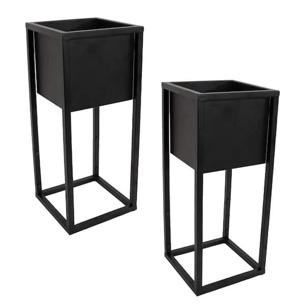 Sunnydaze Sunnydaze Modern Simplicity 8.25 in. W x 19.75 in. H Black Steel Square Outdoor Elevated Planter (2-Pack)