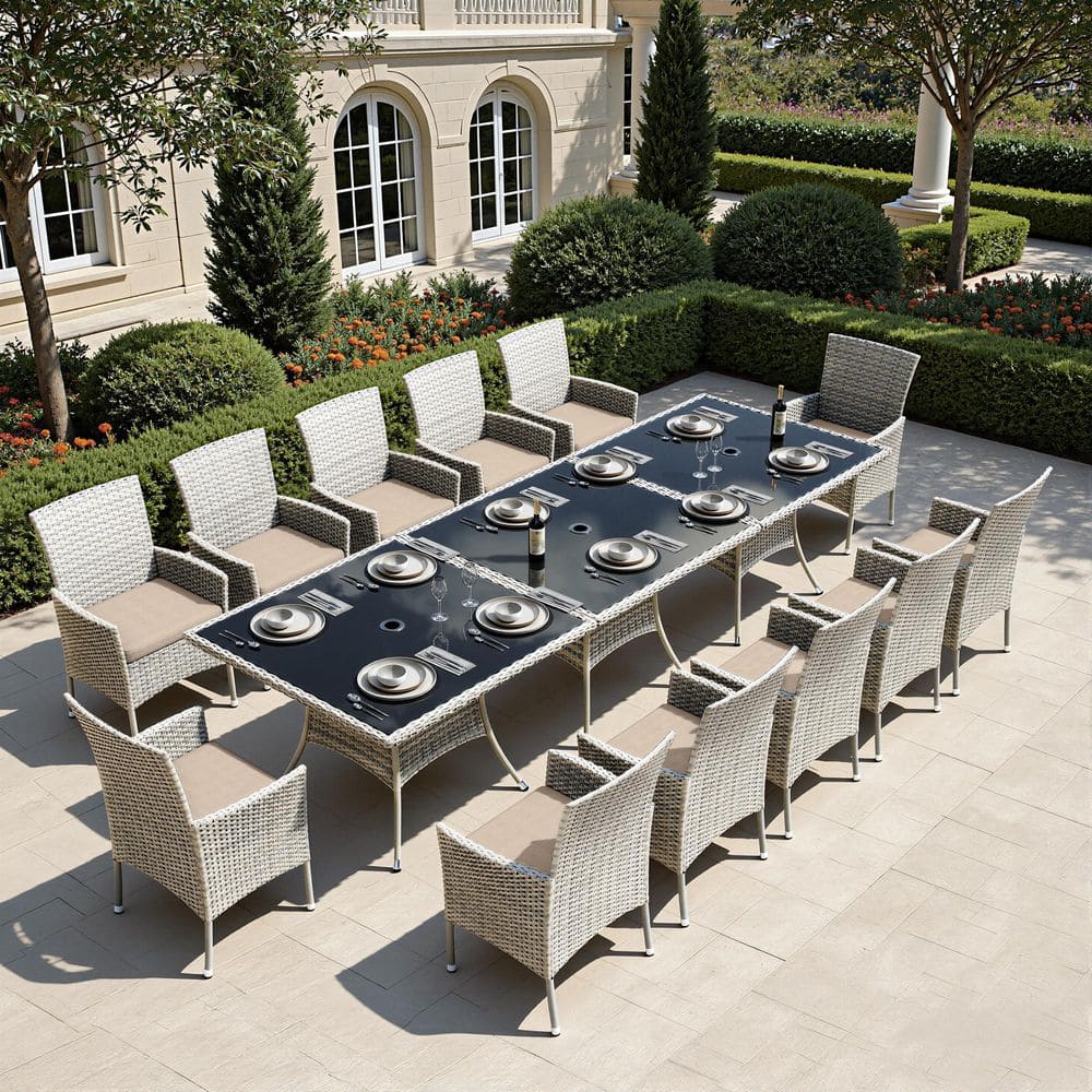 Gray 15-Piece Wicker Rectangular Outdoor Dining Set with Beige Cushions