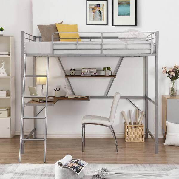 Anbazar Silver Twin Loft Bed With L Shaped Desk And Shelf Metal Guardrails Ladder For Kids S 00158anna Anbazar Silver Twin Loft Bed With L, Twin Loft Bed With L Shaped Desk
