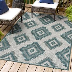 Lior Geometric Moroccan Diamond Turquoise/Cream 3 ft. x 5 ft. Indoor/Outdoor Area Rug