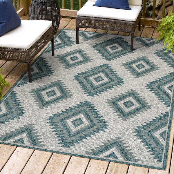 JONATHAN Y Lior Geometric Moroccan Diamond Turquoise/Cream 4 ft. x 6 ft. Indoor/Outdoor Area Rug