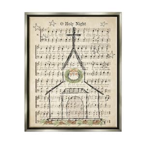 Festive Winter Church Holy Night Musical Script by Andi Metz Floater Frame Typography Wall Art Print 17 in. x 21 in