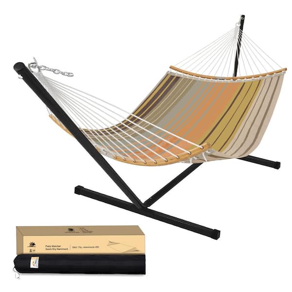 Unbranded 10 ft. Quilted 2-Person Hammock with Stand, Brown Stripes