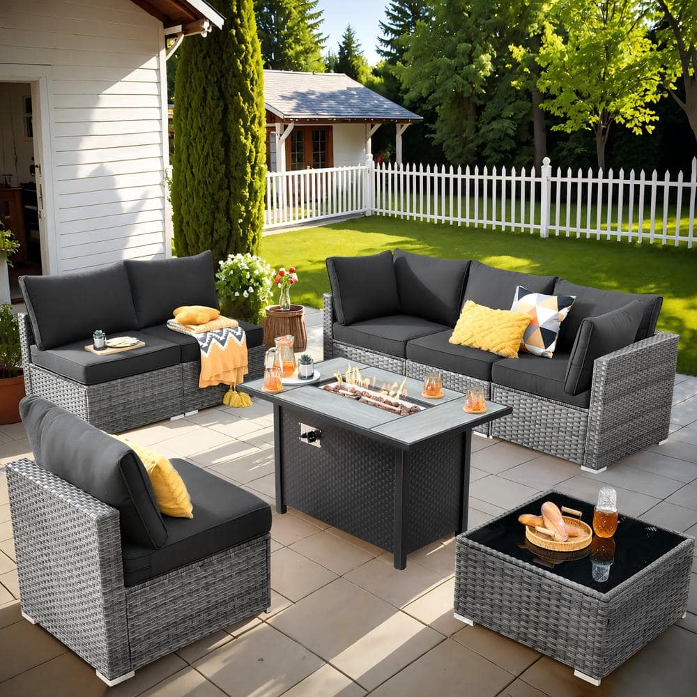 Helene Gray 8-Piece Wicker Outdoor Patio Conversation Sectional Sofa Set with a Metal Fire Pit and Black Cushions -  HOOOWOOO, MFP-HP100-8