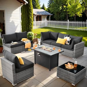 Helene Gray 8-Piece Wicker Outdoor Patio Conversation Sectional Sofa Set with a Metal Fire Pit and Black Cushions