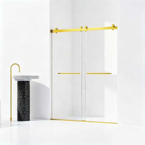 56-60 in. x 76 in. Frameless Double Sliding Shower Door 10mm. SGCC Tempered Glass Brushed Gold Reversible No Soft-Close