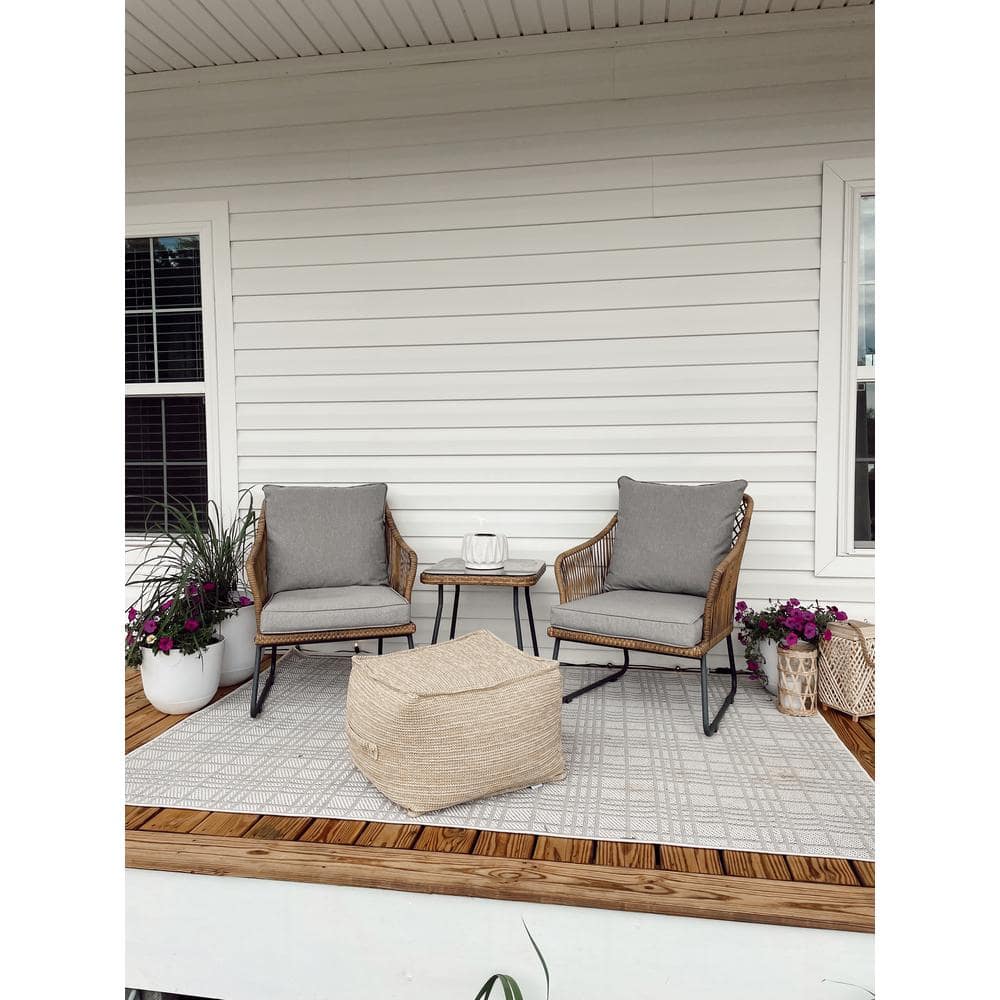 Ivory and Light Grey Square Synthetic Flat Woven Rug