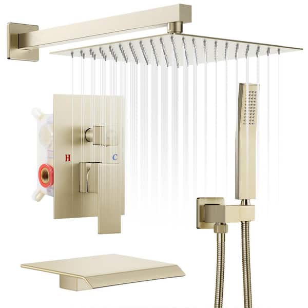 AKLFGN Double Handle 3-Spray Tub and Shower Faucet Shower Combo 12 in. Shower Head 2.5 GPM in Brushed Gold Valve Included