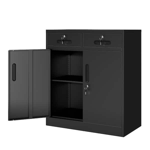 35.5'' Metal Storage Cabinet with Lock 2 Drawers 2-Door Office Storage Cabinet w/1 Adjustable Shelves Steel File Cabinet