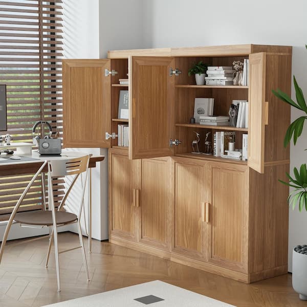 62 in. Tall 62 in. W Natural Wood 8-Shelf Standard Bookcase with Adjustable Interior Shelves, Doors Storage