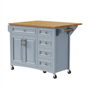 Blue Wood 52 in. Tabletop Rolling Kitchen Island with Drop Leaf, Drawers and Cabinet, Mobile Kitchen Cart on Wheels