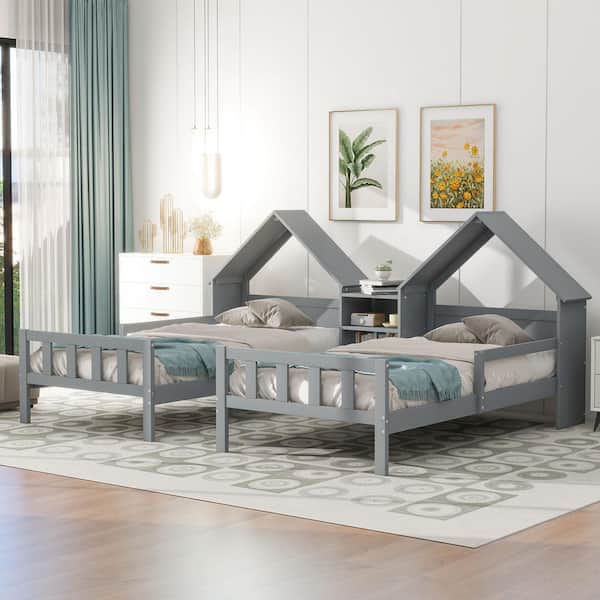 Polibi Gray Wood Frame Twin Size Platform Bed with House-Shaped Headboard and a Built-in Nightstand