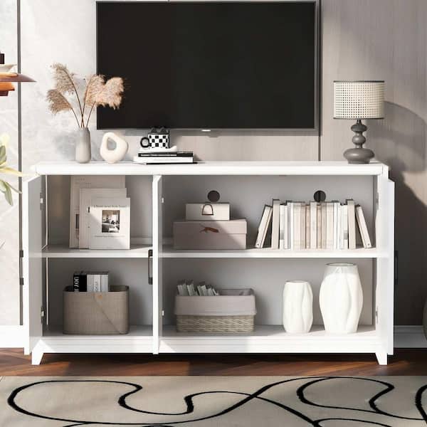 White TV Stand Fits TV's Up to 65 in. with 2-Spacious Storage Space, Solid Wood Legs