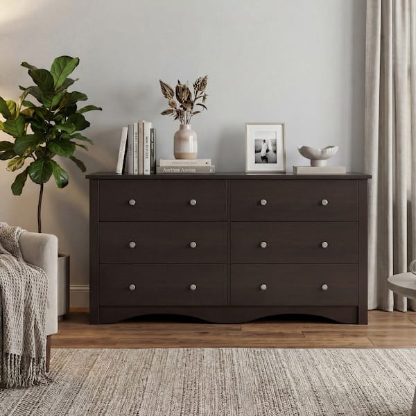 dark chocolate brown dresser LACOO 47.2 in. Curved Base 6-Drawer MDF with Metal Knobs, dark brown dresser tall