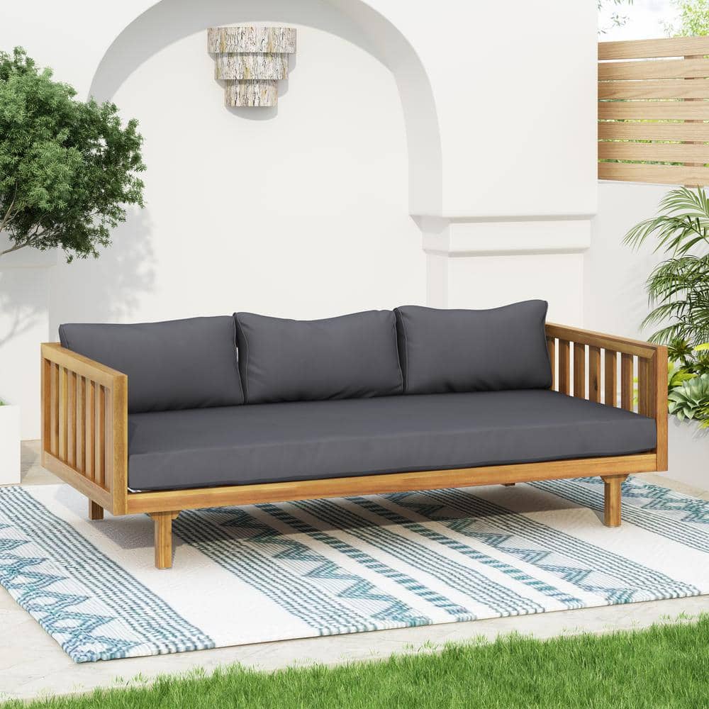 Acacia Wood Outdoor Sofa Bed Patio Day Bed with Dark Gray Cushions