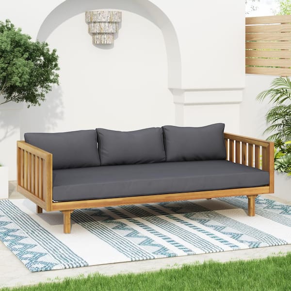 Unbranded Acacia Wood Outdoor Sofa Bed Patio Day Bed with Dark Gray Cushions