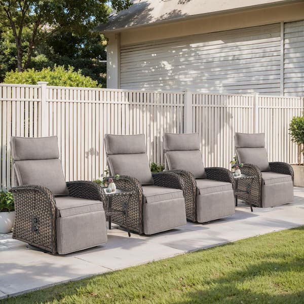 SleekArm Brown 6-Piece Wicker Outdoor Recliner with Olefin Beige Cushions and Side Table/ Patio Swivel Chairs