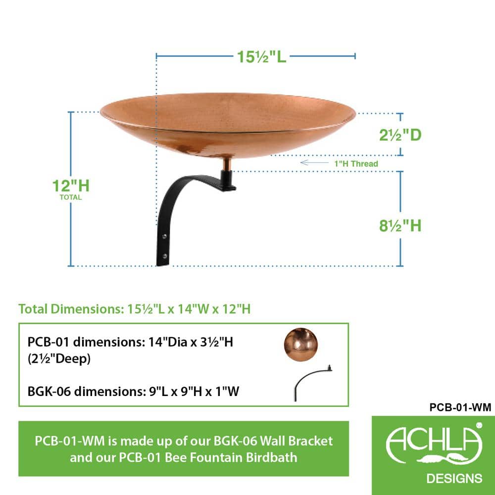 Polished Copper Wall-Mounted Birdbath with Black Iron Bracket