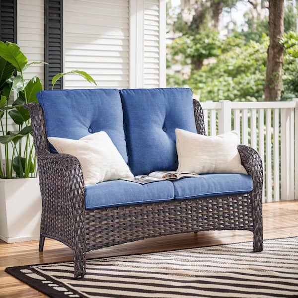2-Seat Wicker Outdoor Loveseat Sofa Patio with CushionGuard Cushions Brown/Blue