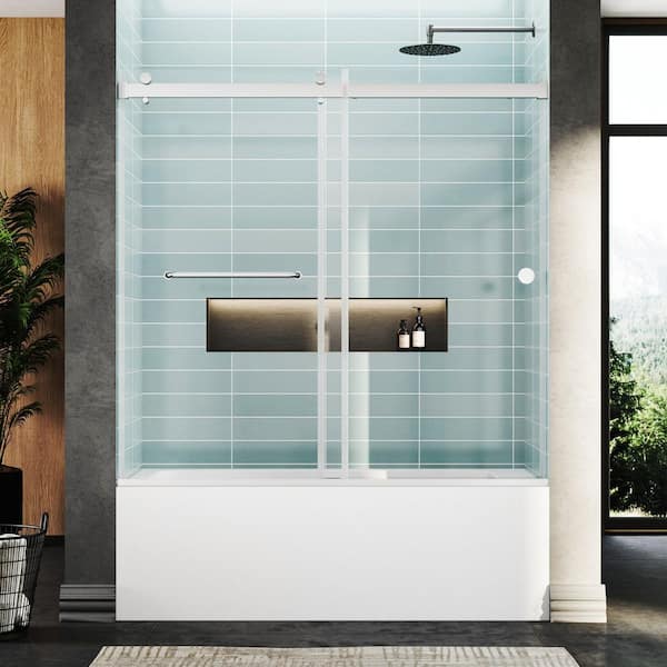 55 to 60 in. W x 56 in. H Sliding Frameless Tub Door in Brushed Nickel with Explosion-Proof Film Tempered Clear Glass