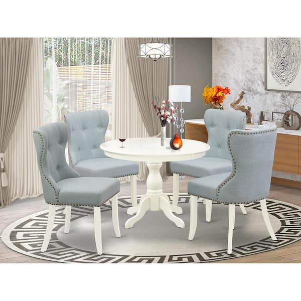 5-Piece Linen White Finish Solid Wood Top Dining table with 4 Chairs with Lattice Back