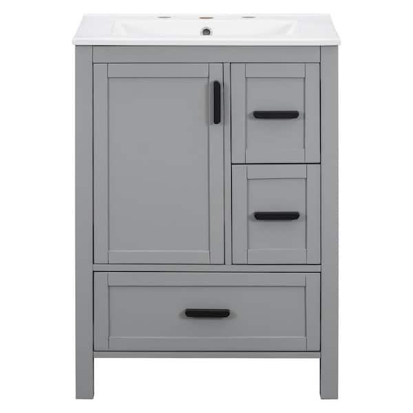 24 in. Single Sink Freestanding Gray Bath Vanity with White Ceramic Top, Divider Drawer, Door Racks
