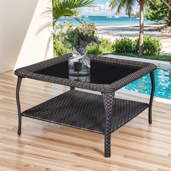 Brown Square Wicker Outdoor Coffee Table with Black Tempered Glass Top and Storage Space