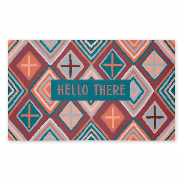 Hello There on Geometric Red 18 in. x 30 in. Polyester Non-Slip Outdoor Door Mat