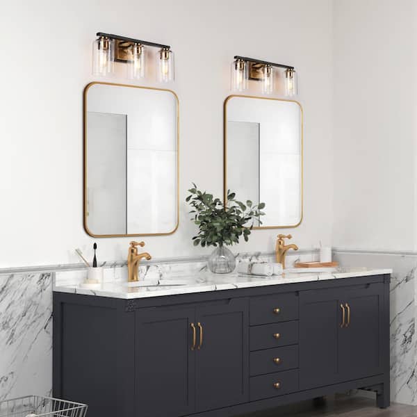 20 in. 3-Light Modern Vintage Brass Bathroom Vanity Light Seeded Glass Black Bath Lighting Classic Bath Bar Vanity Light