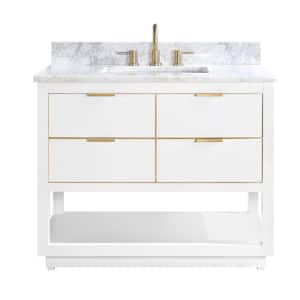 Allie 43 in. W x 22 in. D Bath Vanity in White with Gold Trim with Marble Vanity Top in Carrara White with White Basin