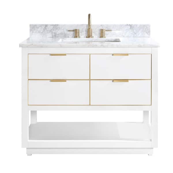 Avanity Allie 43 in. Single Sink White with Gold Trim Bath Vanity with Carrara White Marble Top