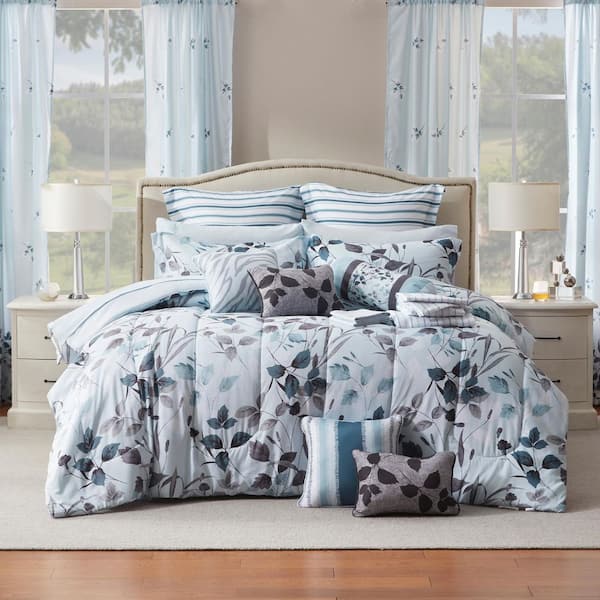 24-Piece Blue Leaf Luella Queen Bed in a Bag Microfiber Comforter Set
