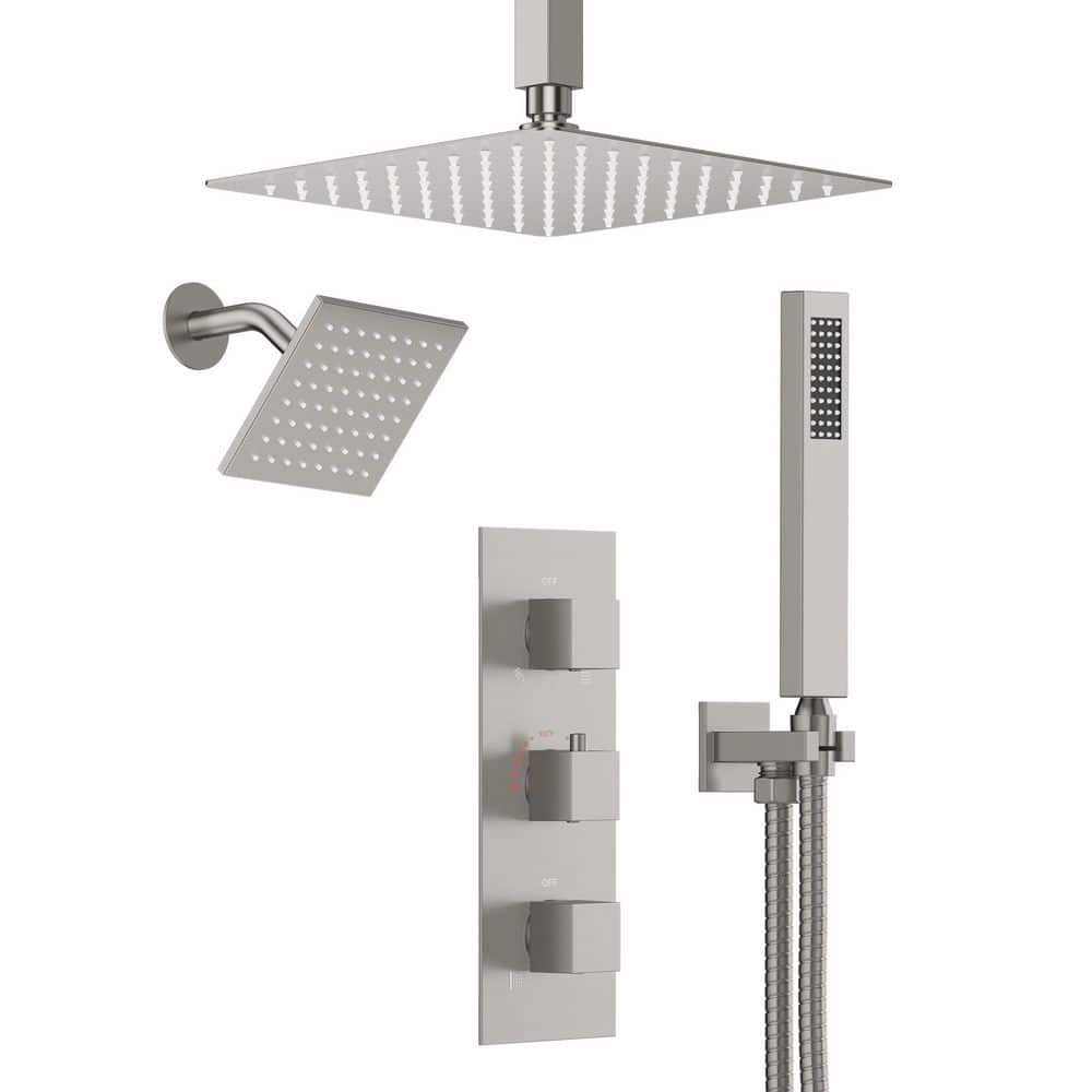 Rainspire 5-Spray 12 in. and 6 in. Ceiling Mount Square High Pressure Shower System with Valve in Brushed Nickel price history on PriceWatchPro