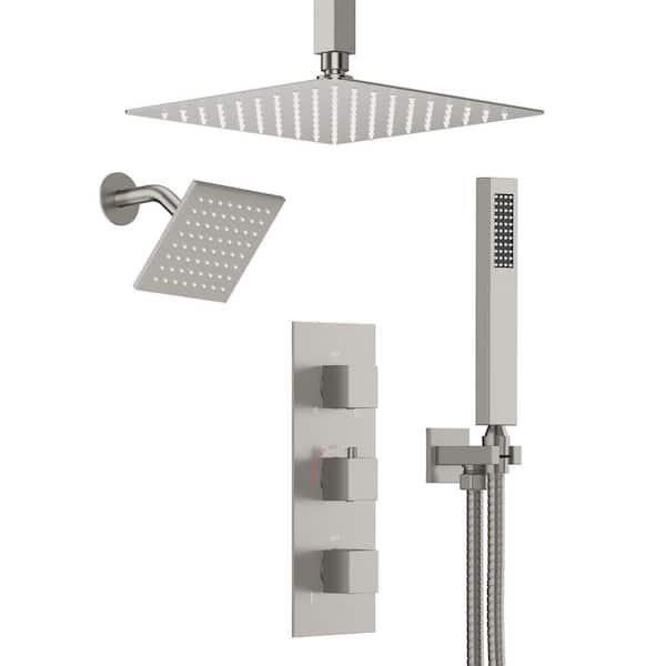 Rainspire 5-Spray 12 in. and 6 in. Ceiling Mount Square High Pressure Shower System with Valve in Brushed Nickel