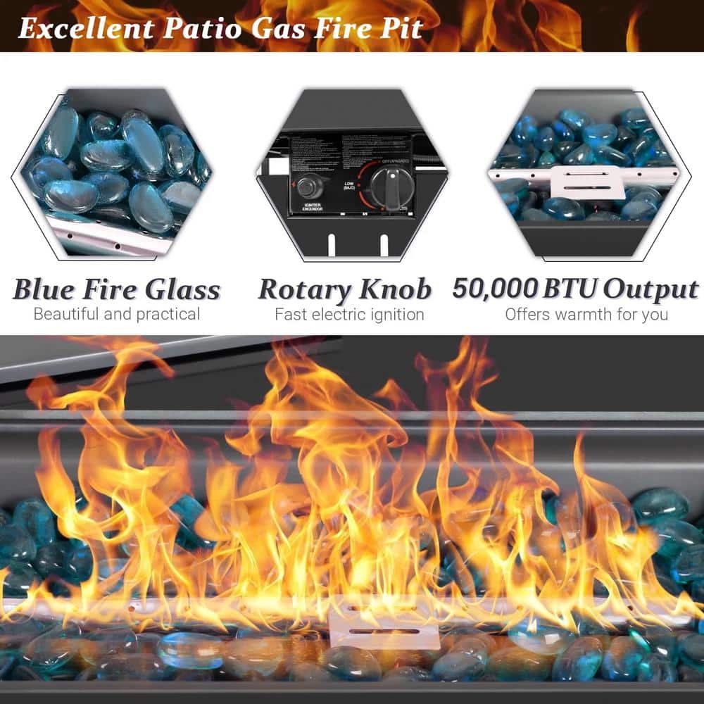 Black Steel Propane Fire Pit Table with Glass Guard