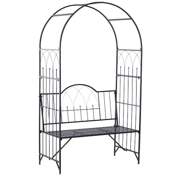 Black Metal Trellis Arbor Arch for Climbing Plants with Garden Bench, Grow Grapes and Vines