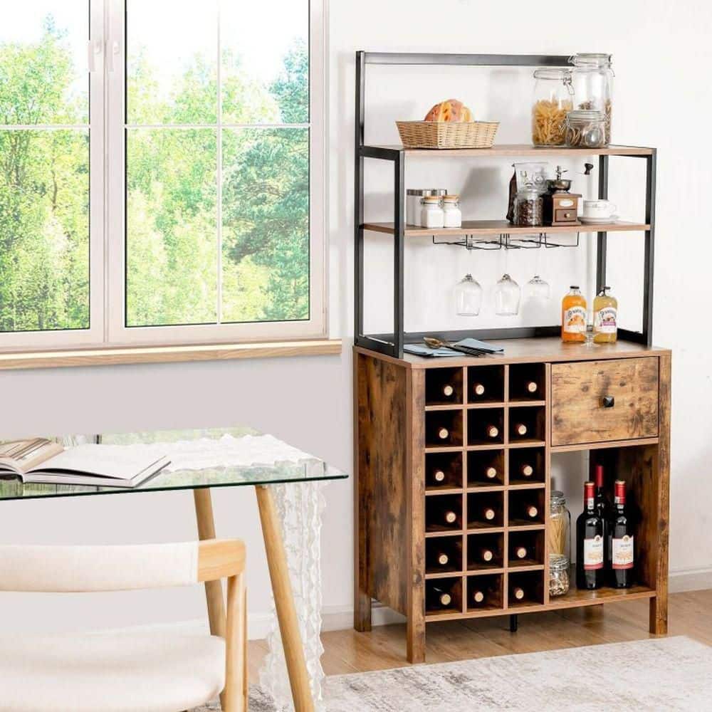 Brown Wood Baker's Rack Buffet with Wine Rack, Glass Holder