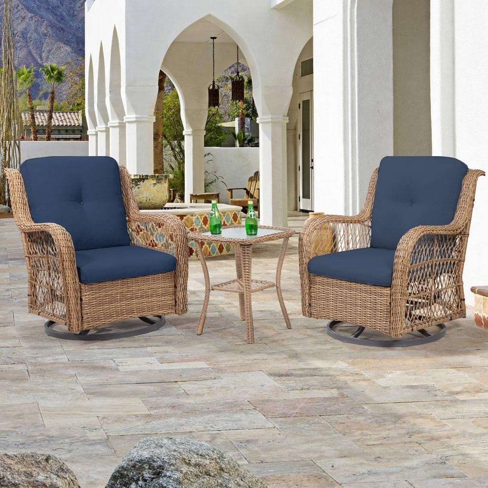 JOYSIDE 3-Piece Wicker Outdoor Swivel Rocking Chair Set with Blue ...