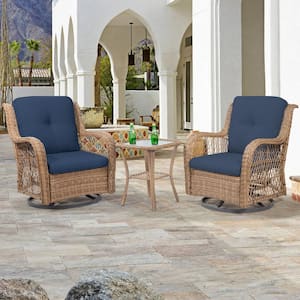 3-Piece Wicker Outdoor Swivel Rocking Chair Set with Blue Cushions Patio Conversation Set (2-Chair)