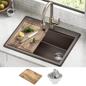 Bellucci Metallic Brown Granite Composite 28 in. Single Bowl Drop-In Workstation Kitchen Sink with Accessories