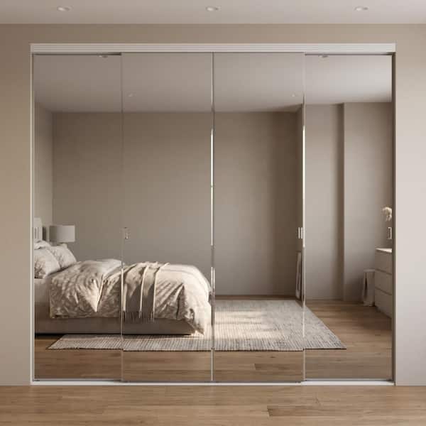 144 in. x 96 in. Beveled Edge Backed Mirror Aluminum Frame Interior Closet Sliding Door with White Trim