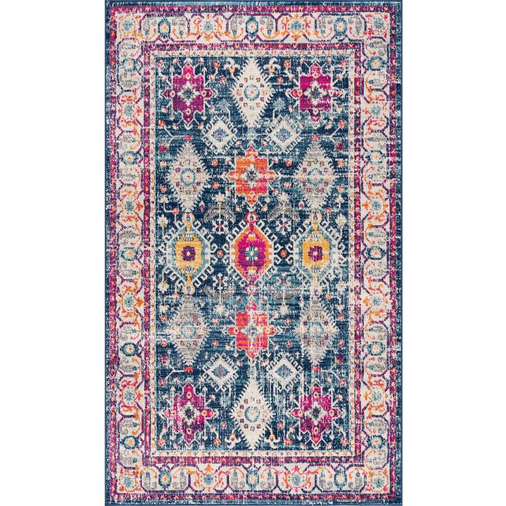 Navy and Multicolor Abstract Synthetic 5' x 7' Area Rug