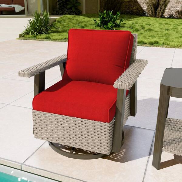 Brown Swivel Wicker Outdoor Lounge Chair Seating Set with Red Cushions (1-Pack)