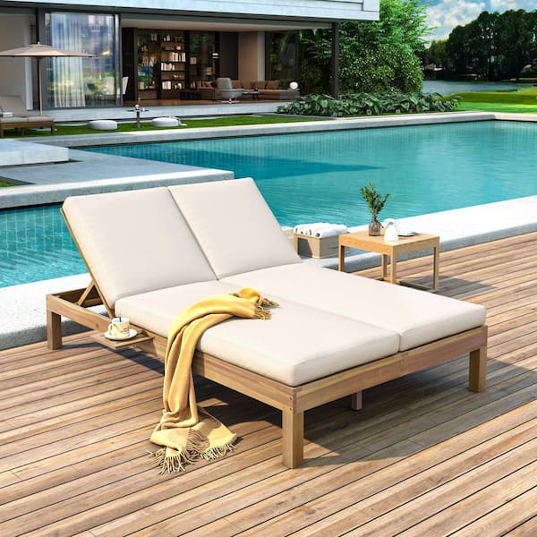 Light Teak Wood Outdoor Double Chaise Lounge with Beige Cushion, 5 Position Adjustable Backrest, 2 Folding Side Trays