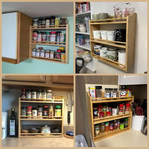 Wudkey 3-Shelf Brown Bamboo Spice Rack for Seasoning Jars, Spice Organizer Rack Kitchen Wall Shelf Kitchen Counter Shelf